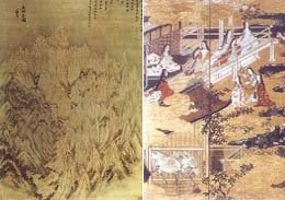 정선의 금강전도(왼쪽 1734년)와 겐지모노가타리 에마키 부분도 (11세기)