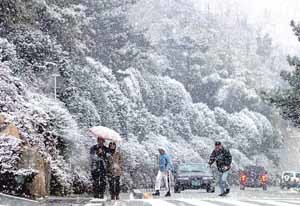 화이트 크리스마스를 맞은 일부 부산 시민들이 중구 영주동 민주공원을 거닐며 설경을 만끽하고 있다.