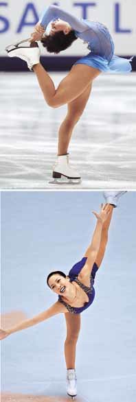 피겨스케이팅 여자싱글 쇼트프로그램에서 1위를 한 미셸 콴(美·아래). 위는 2위를 차지한 슬러스카야(러시아).