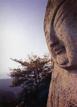 경주 남산 삼릉계 상선암의 벼랑에 위치한 마애여래좌상(9세기)의 일부