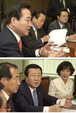 한나라당 서청원 대표(위)와 민주당 김원길 사무총장의 모습