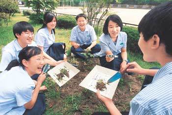서울 윤중중 2학년생들이 지도교사와 함께 교내 화단에서 식물채집 학습을 하고있다. [사진=김동주기자]