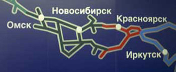 노보시비르스크 소재 러시아 철도대학에 걸려 있는 시베리아횡단철도의 노선도