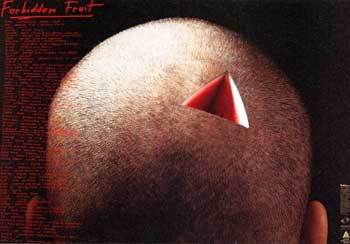 인간의 머리를 수박처럼 도려낸 강렬한 이미지를 통해 마약의 폐해를 극명하게 표현한 ‘금단의 과일’(1995).사진제공 김혜경디자인연구소