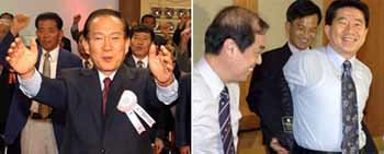 전주 李씨 수련회 참석한 한나라당 이회창 대통령후보(왼쪽), 외교안보 자문단 모임에 참석한 민주당 노무현 대통령후보 - 연합, 박경모기자
