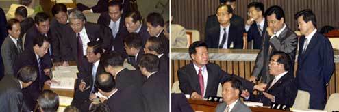 한나라당(왼쪽) '부결 시키자'/ 민주당 '부결 막아야지...' - 서영수기자