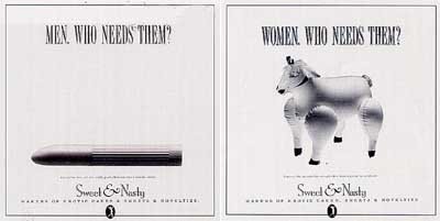 스위트&내스티의 광고. 여성들을 위한 ‘딜도’(왼쪽)와 남성들을 위한 ‘양’이 소재다.