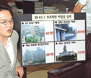 남경필 한나라당 대변인이 김대중 대통령의 서울 마포구 사저와 세 아들의 집이 모두 초호화판이라고 비판하며 관련 사진을 제시했다. - 박경모기자