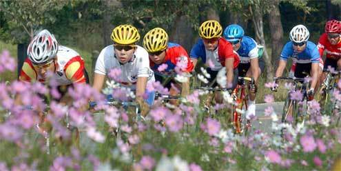 한송희(왼쪽에서 두번째)가 2일 사이클 여자 개인도로 96.8km 경기에서 역주하고 있다. 부산〓특별취재반