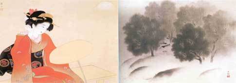 고전적 일본 미인의 모습을 담고 있는 미키 스이잔의 ‘꽃의 여행’/사진제공 국립중앙박물관(왼쪽)일본 화단에서 남화의 대가로 인정받은 고무로 스이운의 ‘명경지수’/사진제공 국립중앙박물관