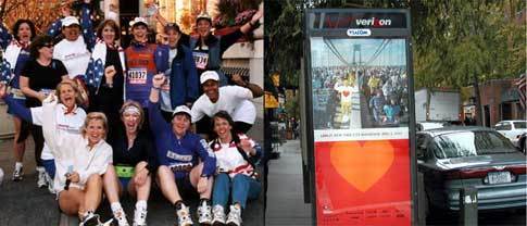 파멜라 피키 박사(앞줄 왼쪽 두번째)와 12명의 유방암 환자들이 걷고 뛴 끝에 2001년 뉴욕마라톤을 낙오자 없이 마무리짓고는 환호하고 있다. 왼쪽은 뉴욕마라톤 광고판./사진제공 미국암협회