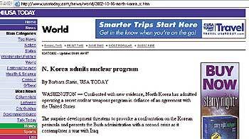 북한이 '핵무기를 개발하고 있다'고 시인한 정보를 가장 먼저 취재했지만 이를 안 백악관이 먼저 공개하는 바람에 특종을 놓친 USA 투데이의 바버라 슬레이빈 기자의 기사. - 동아일보 자료사진