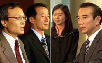 대선후보 단일화 협상단장인 민주당 이해찬 의원(왼쪽)과 국민통합21 이철 전 의원(오른쪽)이 각각 기자회견을 갖고 후보단일화 방안을 설명하고 있다. - 서영수기자·박경모기자