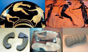 고대 그리스 올림픽에 출전한 멀리뛰기 선수의 그림(위). 고대 선수들은 추와 비슷한 도구(아래)를 흔들며 뛰어 더 멀리 뛸 수 있었다.사진제공 영국 맨체스터 메트로폴리탄대