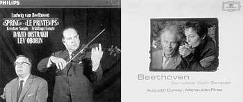 오이스트라흐 오보린 협연 '크로이처' 음반(왼쪽)과 뒤메이 피레스 협연의 베토벤 소나타집. 사진제공 유니버설뮤직
