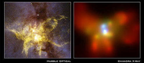 왼쪽은 허블우주망원경을 통해 가시광선으로 본 NGC 6240 은하이고, 오른쪽은 찬드라 X-선망원경으로 본 것이다. 오른쪽 사진의 가운데 부분에 두 개의 블랙홀이 선명하게 보인다. - 사진제공 나사