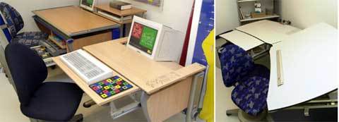 인체공학을 적용해 만든 몰의 컴퓨터책상과 의자(사진 왼쪽)./ 아이들이 성장함에 따라 책상과 의자의 높이를 맞출 수 있고 용도에 따라 기울기도 조절할 수 있다. /안철민기자