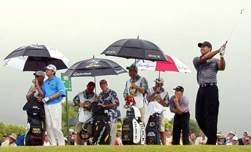 ‘관심집중.’ 타이거 우즈(오른쪽)가 2002그랜드슬램골프 최종 라운드 7번홀(파3)에서 가랑비가 내리는 가운데 티샷을 날리자 다른 출전선수와 캐디들이 타구방향을 유심히 지켜보고 있다.카우아이(하와이)AP연합