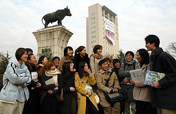 본관 황소상 앞에서 대학동아리 학생들이 자유롭게 대화를 나누고 있다. - 김동주기자