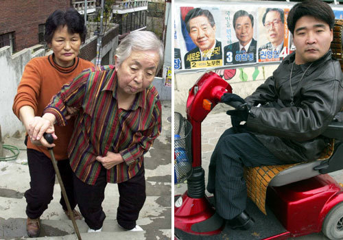 “우리들도 유권자요”독거노인인 김태훈 할머니(왼쪽 사진)와 장애인 박성현씨는 거동하기 힘든 사람들도 대통령선거에 적극 참여할 수 있도록 정부가 대책을 마련해야 한다고 입을 모았다. 김경제기자