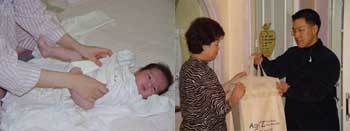 왼쪽은 아기에게 ‘아기즈’의 순면 기저귀를 채워주는 엄마. 오른쪽은 아기즈 직원이 회원으로 가입한 산후조리원에 세탁한 면 기저귀를 배달하는 모습.