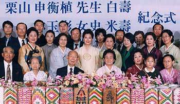 고 율산 신형식 선생(앞줄 왼쪽에서 세 번째)이 2000년 백수(白壽· 99세) 연 때 가족과 함께 찍은 기념사진.동아일보 자료사진