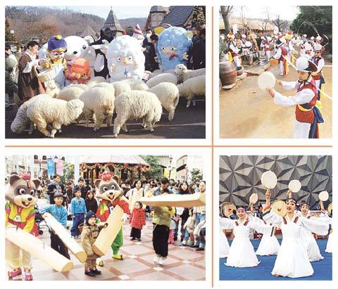 에버랜드 ‘양들의 축제’,한국민속촌 ‘지신밟기’,서울랜드 ‘민속춤 축제’,롯데월드 ‘대형윷놀이’(왼쪽위부터시계방향)