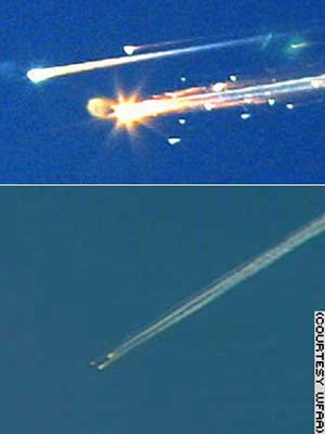 텍사스주 델라스 상공에서 추락하는 컬럼비아호의 모습