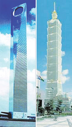 중국과  대만이  세계에서 가장 높은 빌딩이라며 경쟁하고 있는 ‘상하이 환구 금융중심’(왼쪽)과 ‘타이베이  101 금융중심’의 조감도.