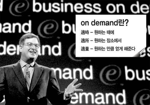 IBM의 CEO 샘 팔미사노가 최근 뉴욕에서 열린 ‘온 디맨드’ 발표 행사에서 “‘온 디맨드’ 사업부문에 앞으로 100억달러(약 13조원)를 투자하겠다”고 밝히고 있다. 사진제공 IBM