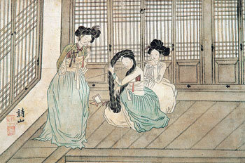 유운홍(劉運弘·1797∼1859)의 ‘기방도’. 조선 후기 기방 여인들의 ‘유행’을 잘 드러낸다. 저고리는 가슴이 드러날 정도로 짧아져 있고, 머리는 크게 만들어 얹었다. 허리띠를 한 여인도 보인다.사진제공 동아시아