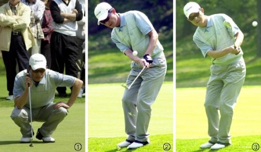 강욱순이 그린에서 신중하게 퍼팅 라인을 읽고 있다(①). 그린 에지에서 안정된 자세로 어프로치샷을 구사하고 있는 강욱순(②,③) 사진제공 매일경제