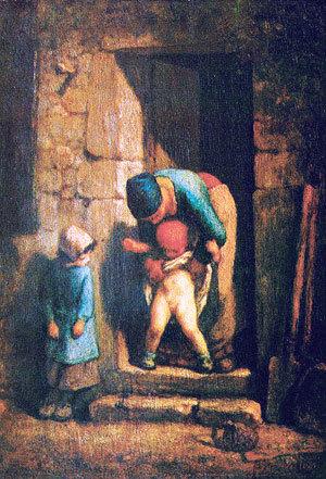 장 프랑수아 밀레의 1857년작 ‘어머니와 아들’. 어머니가 남자아이에게 오줌을 누게 하는 광경을 누나로 보이는 여자아이가 부럽다는 듯이 바라보고 있다.사진제공 푸른숲