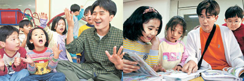 서울 관악구 봉천동 서울대 어린이집에서 아이들에게 가장 인기 있는 교사는 두 남자 선생님이다. 지난달 30일 어린이집에서 심도현 교사(왼쪽 사진)가 아이들과 노래에 맞춰 손동작을 함께 하는 동안 김진욱 교사(오른쪽 사진)는 아이들에게 책을 읽어주며 이야기를 나누고 있다.이종승기자 urisesang@donga.com·원대연기자 yeon72@donga.com