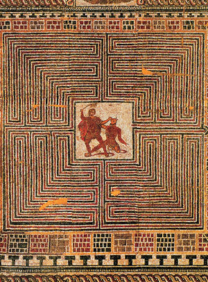오스트리아 잘츠부르크에서 발견된 로마 시대의 모자이크 미궁도(부분). 미궁 중앙에 미노타우로스와 싸우는 테세우스가 그려져 있다. 오른쪽 중간의 입구에서 출발한 빨간 선(아리아드네의 실)을 따라가면 중앙에 도착한다.사진제공 뿌리와 이파리