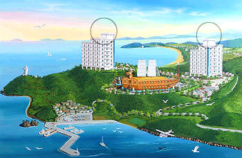 전남 해남군 송지면 땅끝 콘도의 조감도, ‘○’ 표시된 부분에 자유의 여신상 이 들어설 예정이었다.[사진제공 전라도닷컴]