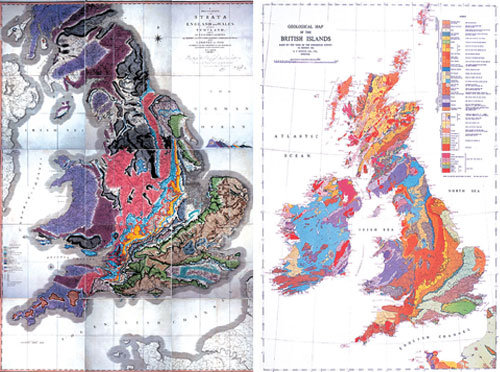 윌리엄 스미스가 1815년에 혼자 힘으로 제작한 영국 지질도(왼쪽)와 영국지질조사소에서 만든 현대의 지질도.사진제공 사이언스북스