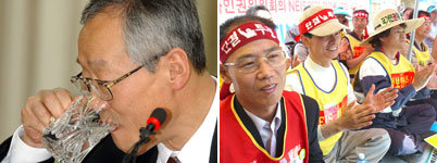속타지만, NEIS 인권위 권고 수용(사진 왼쪽:물마시는 윤덕홍 교육부총리)박수치며 기뻐하는 전교조(사진 오른쪽)