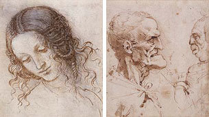 레오나르도 다빈치 작 ‘레다의 머리’(1505∼6년 추정·왼쪽)와 그로테스크풍 데생 작품(1485∼90년 추정).-사진제공 영국왕실 컬렉션