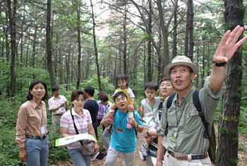 대모산 숲 속 여행에 참가한 가족들이 숲 해설가 엄기준씨의 설명을 들으며 걷고 있다. -이훈구기자