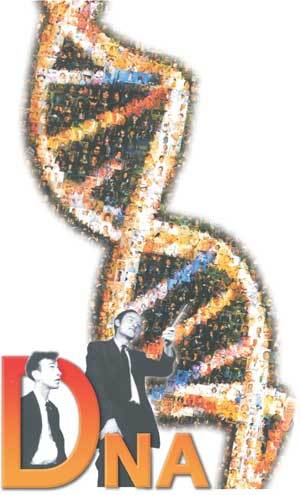 다양한 사람들의 얼굴에 DNA의 이중나선구조를 합성해 표현한 사진. 50년전 DNA이중나선구조의 발견은 인간에게 '생명의 정체'에 대한 진지한 탐구를 할 수 있는 계기를 마련했다. 1953년 DNA 이중나선구조를 발견할 당시의 제임스 왓슨(아래 왼쪽)과 프랜시스 크릭(아래 오른쪽). 사진제공 까치