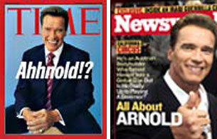미국 양대 시사주간지 ‘타임’(위)과 ‘뉴스위크’ 최신호 표지에 동시에 나온 아널드 슈워제네거.