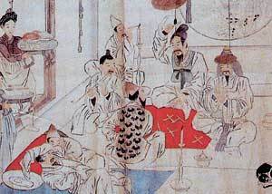 조선시대 화가인 김양기의 ‘투전도’. 기생으로 보이는 여성이 투전판에 술상을 들여오고 있다. 기방이 도박 성행의 진원지였음을 짐작케한다.사진제공 푸른역사
