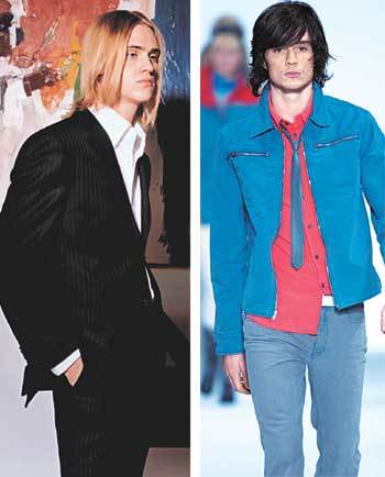 블랙 스트라이프 슈트에 화이트 셔츠가 돋보이는 ‘클래식’ 스타일(왼쪽·신원 ‘지이크’), 몸에 붙는 재킷과 얇고 짧은 넥타이가 특징인 ‘모즈룩’ 스타일(마크 바이 마크제이콥스).