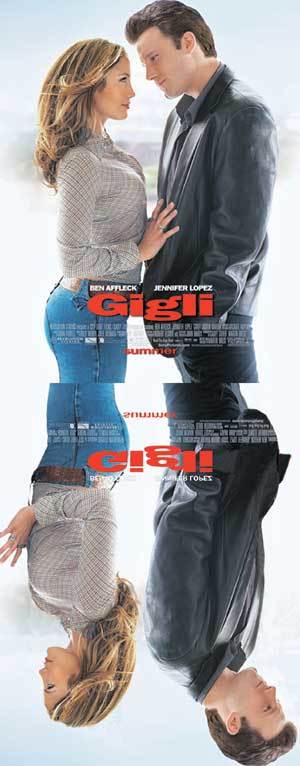 빅스타 커플이 출연하고도 흥행에 참패한 영화 '지글리'의 포스터(위). 유명세가 되레 흥행에 독이 되는 사례를 남겼다. 그래픽 정인성 기자. 동아일보 사진자료