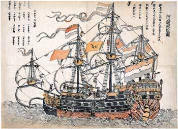 18세기 후반 일본 나가사키에서 제작된 ‘네덜란드 배’ 판화. 선미에 ‘세라크(SCHILLAK)’라는 배 이름이 쓰여 있고, 그림의 좌우 여백에는 배의 길이, 폭, 높이, 돛의 수, 승무원 수 등 정보가 적혀 있다.사진제공 솔