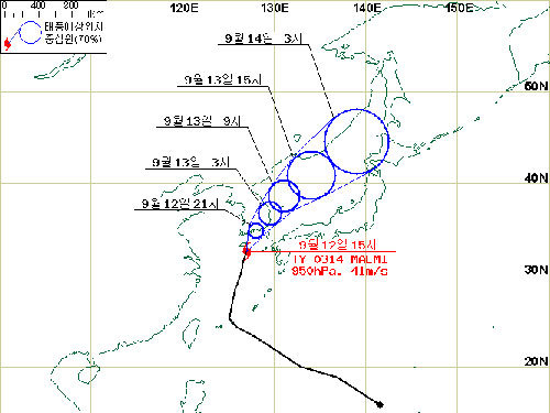 검은색 굵은선 : 태풍경로 / 검은색 점 : 최초 태풍발생 위치 (2003.09.06.15:00)