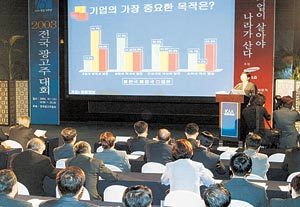 1일 서울 하얏트호텔에서 ‘기업이 살아야 나라가 산다’는 주제로 열린 2003 전국광고주대회에서 연세대 정갑영 교수가 한국인의 기업관에 대해 발표하고 있다. 박영대기자