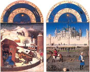 15세기 네덜란드 화가 랭부르 형제가 그린 ‘베리 공작의 풍요의 시절’ 중 2월(왼쪽)과 10월.사진제공 까치