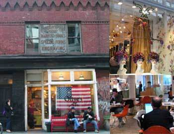소호에는 오래된 가게들이 많다. 100년이 넘은 빵집 올리브스의 전경(왼쪽). 장신구를 파는 조그만 가게(오른쪽 위)와 카페 언타이틀의 내부.사진제공 정희경씨